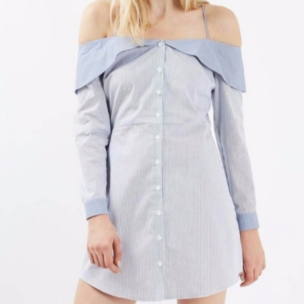 Topshop Blue White Pinstripe Stripe Button Down Off Shoulder Bardot Shirt Dress